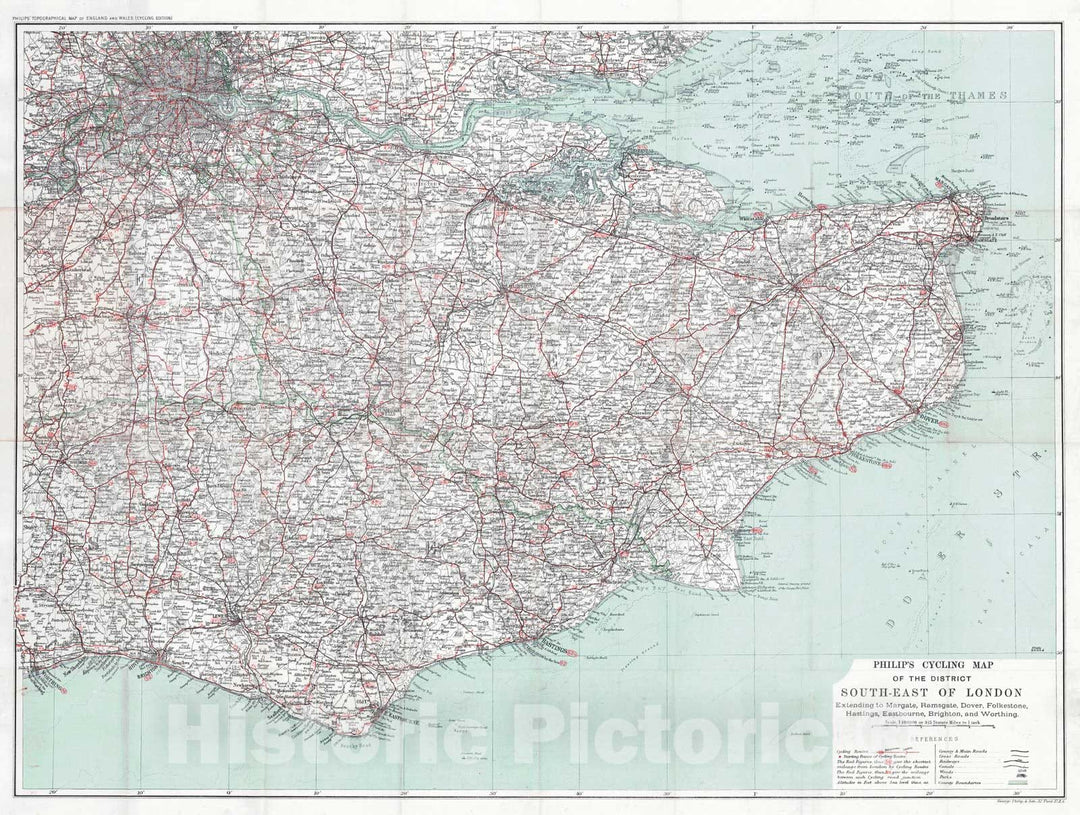 Historic Map : 1910 Philip's Cycling Map of the District South-East of London : Vintage Wall Art