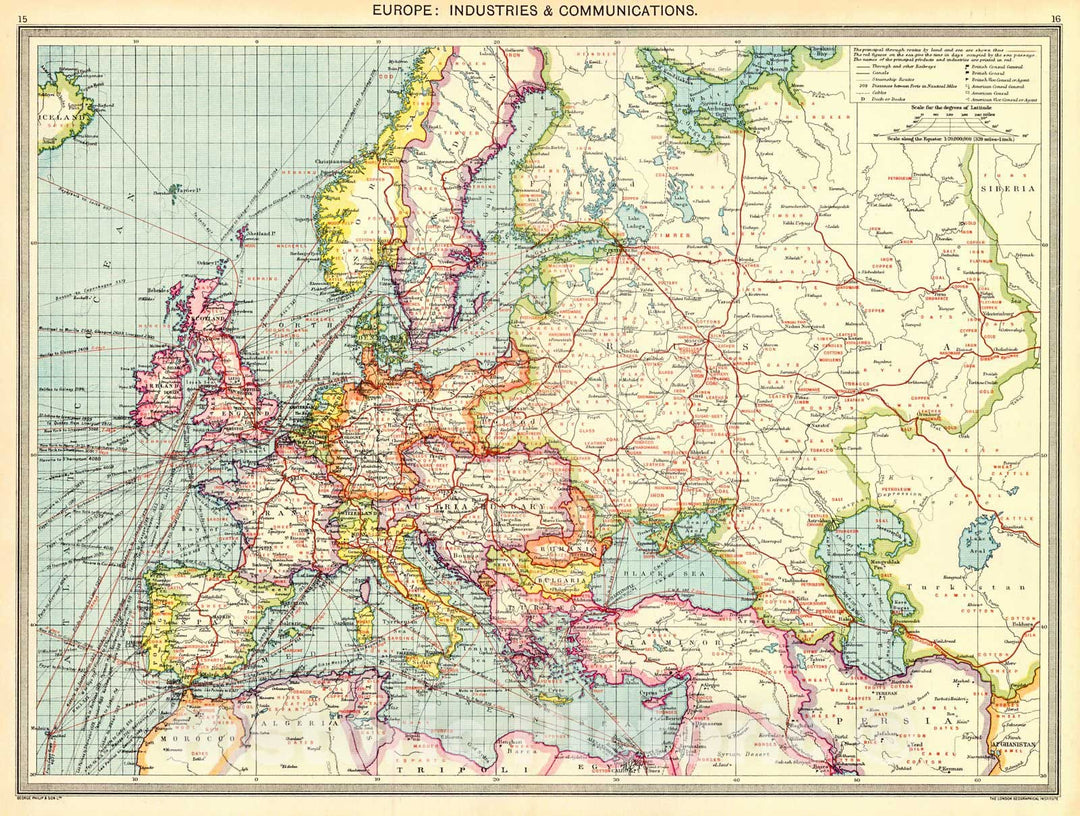 Historic Map : 1910 Europe: Industries and Communication : Vintage Wall Art