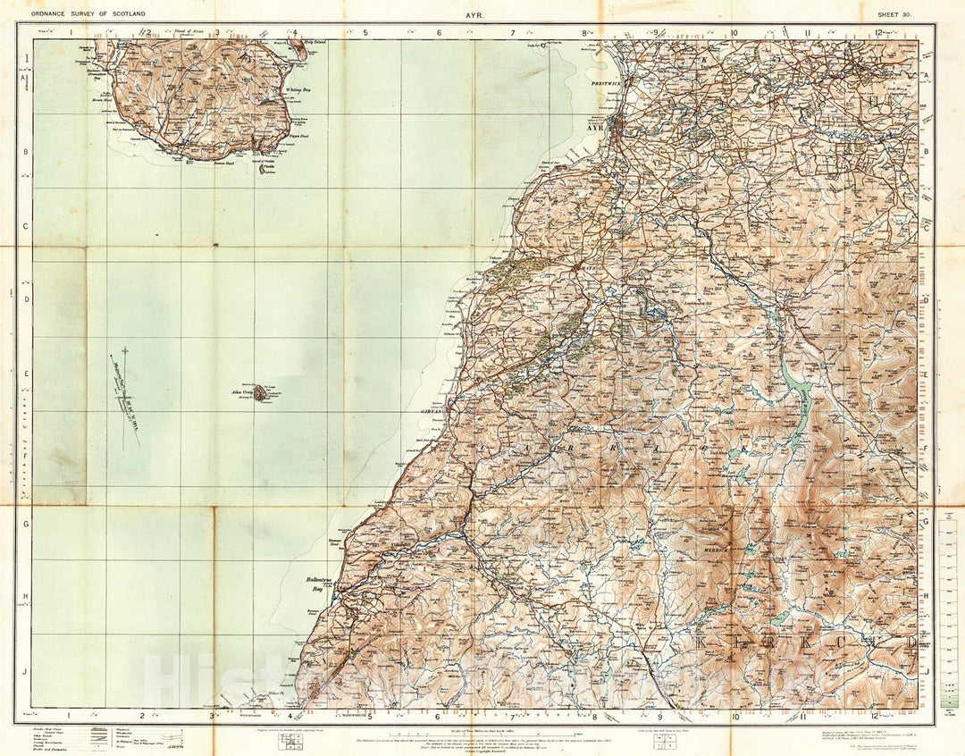 Historic Map : 1914 Ordnance Survey of Scotland, Ayr Sheet 30 : Vintage Wall Art