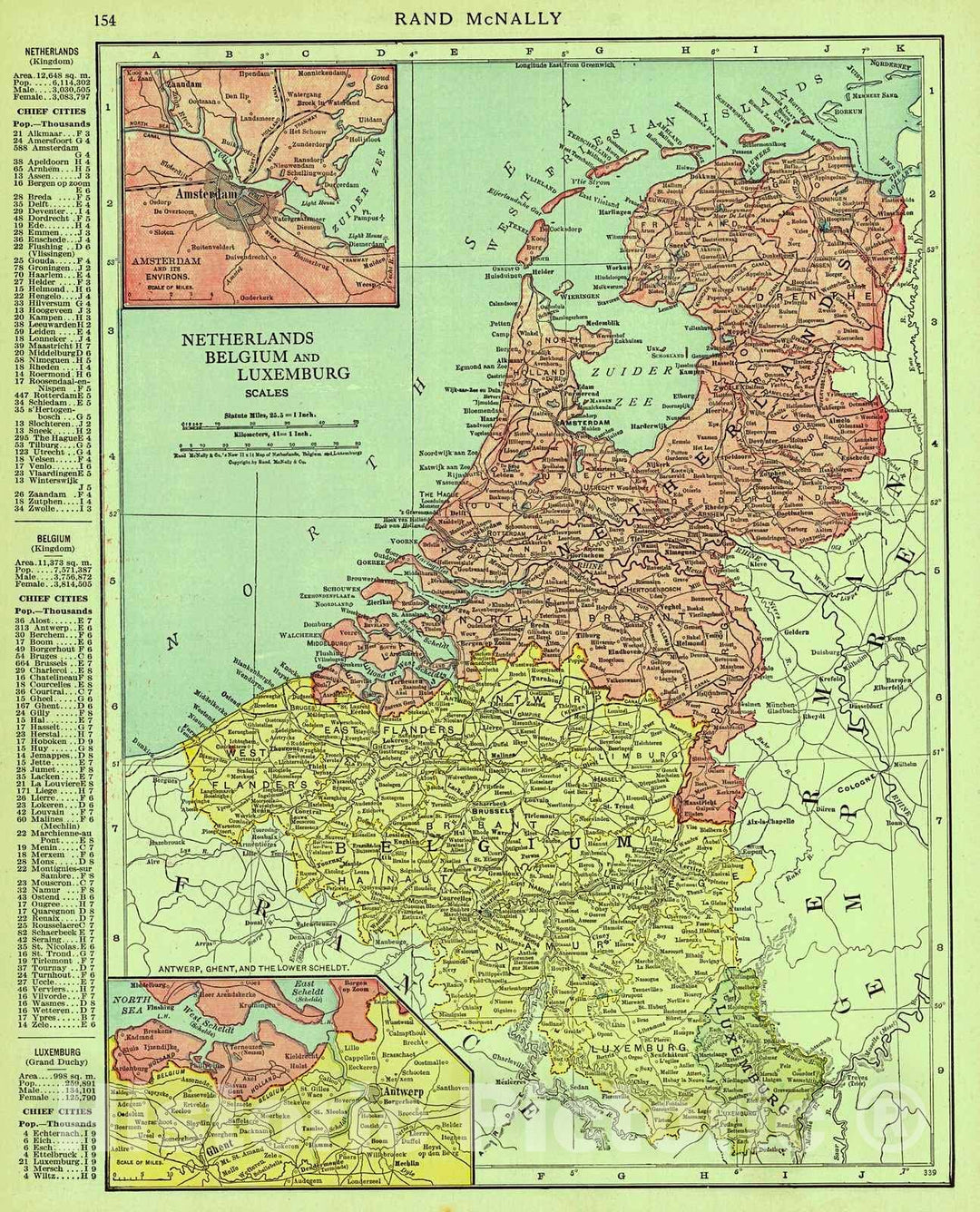 Historic Map : 1916 Netherlands, Belgium and Luxemburg : Vintage Wall Art