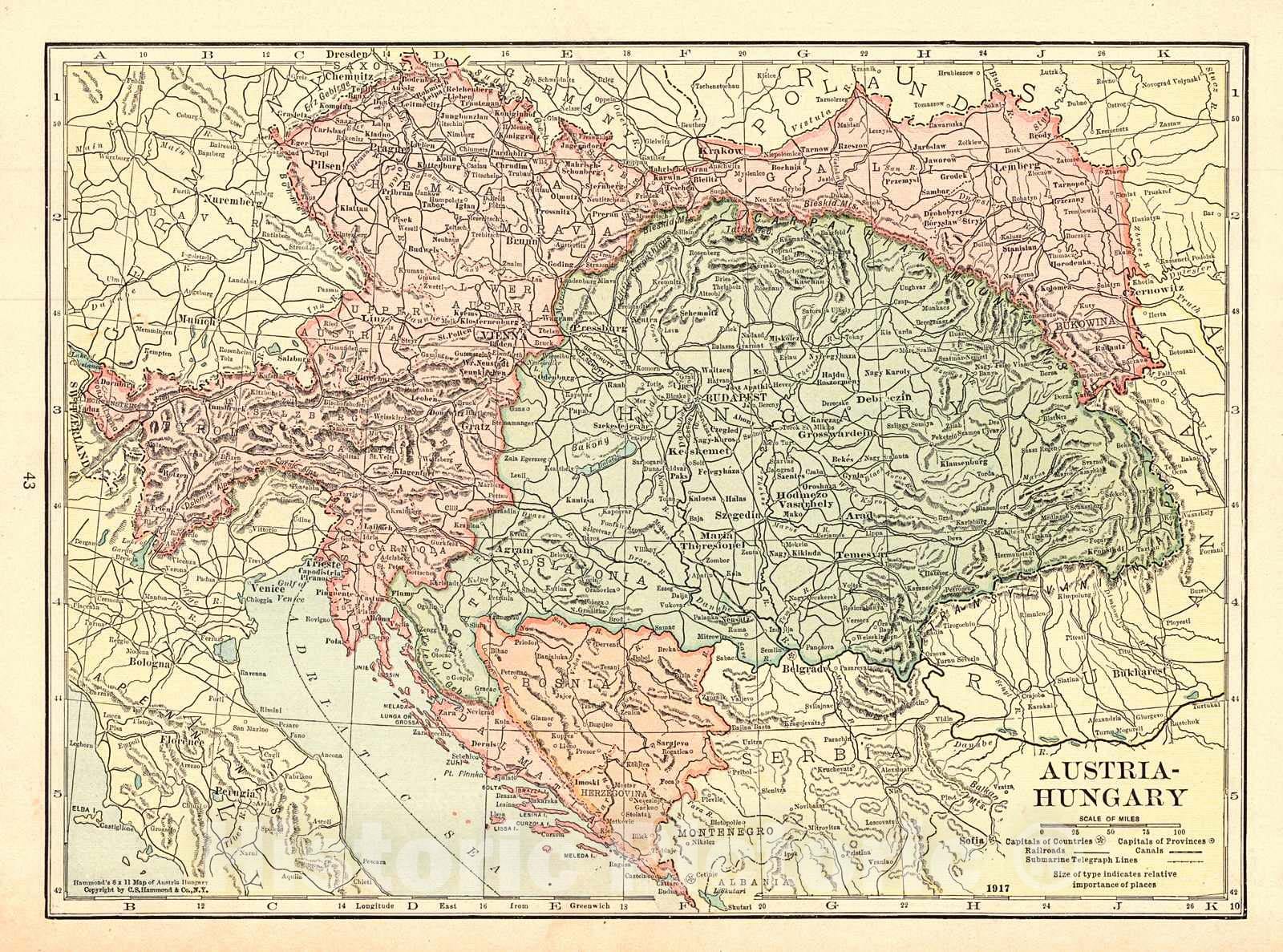 Historic Map : 1917 Austria-Hungary : Vintage Wall Art