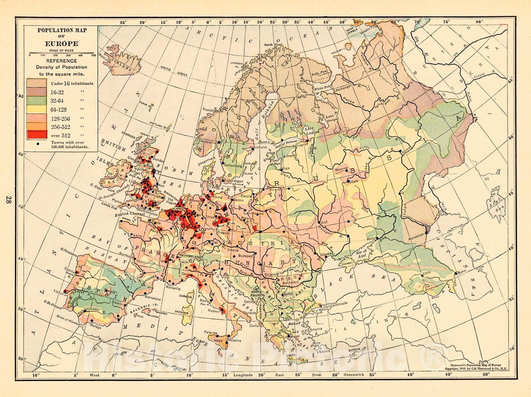 Historic Map : 1917 Population Map of Europe : Vintage Wall Art