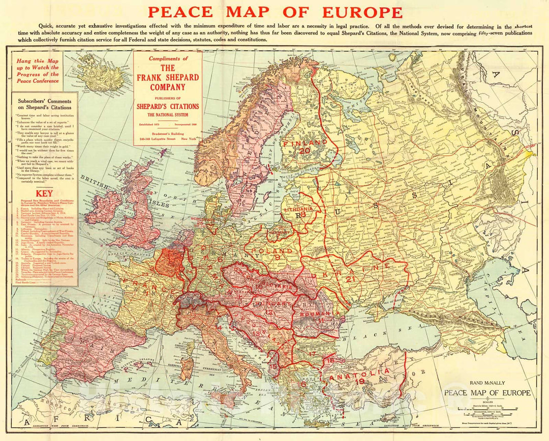 Historic Map : 1918 Peace Map of Europe : Vintage Wall Art