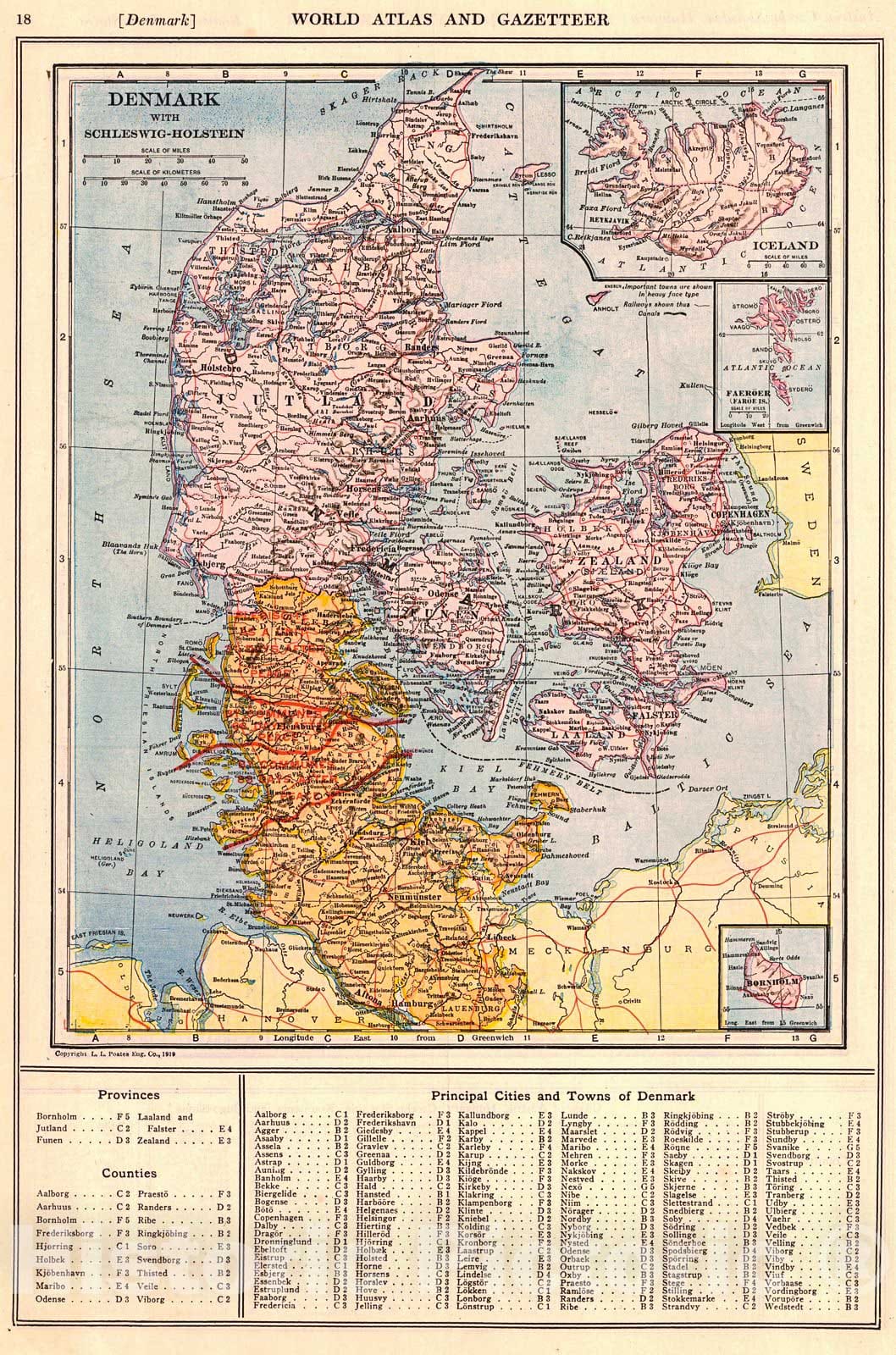 Historic Map : 1920 Denmark with Schleswig-Holstein : Vintage Wall Art