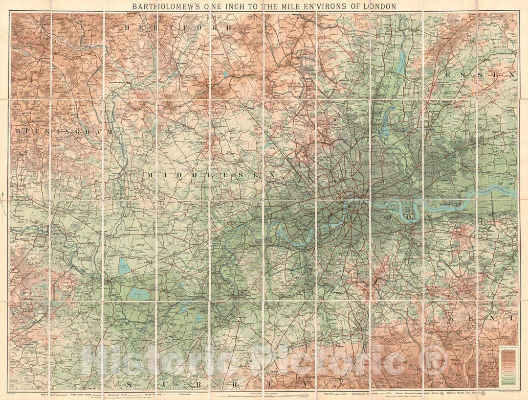 Historic Map : Bartholomew's One Inch to the   Mile Map of London : Vintage Wall Art