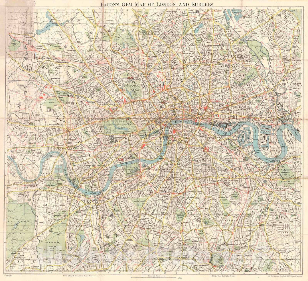 Historic Map : 1920 Bacon's Gem Map of London and Suburbs  : Vintage Wall Art