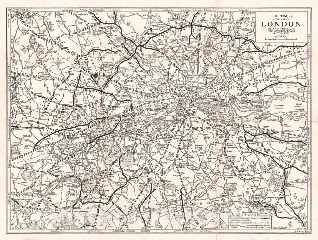 Historic Map : 1930 The Times Road Map of London : Vintage Wall Art