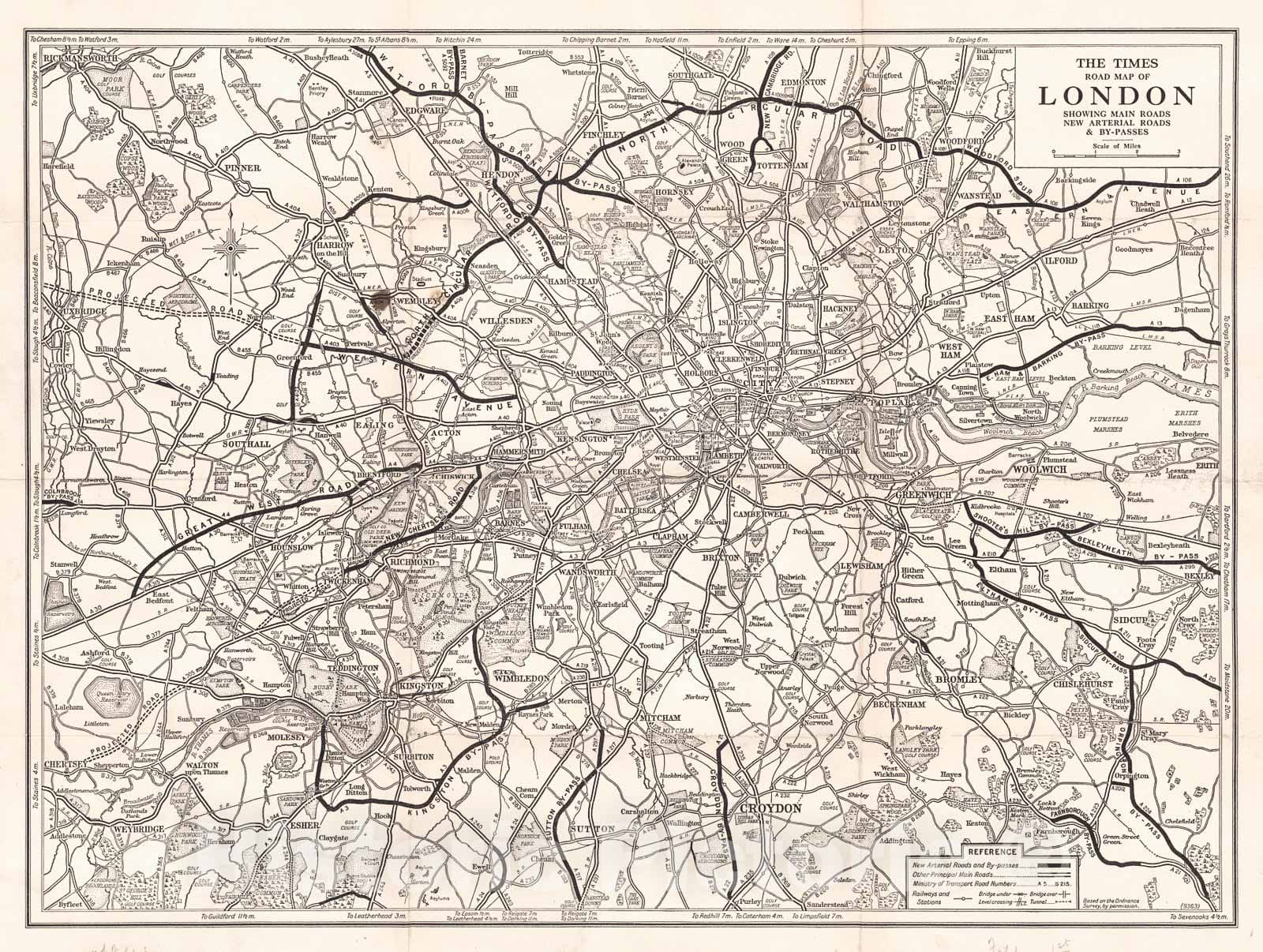 Historic Map : 1930 The Times Road Map of London : Vintage Wall Art