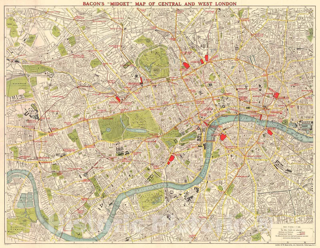 Historic Map : 1930 Bacon's &quot;Midget&quot; Map of Central and West London : Vintage Wall Art