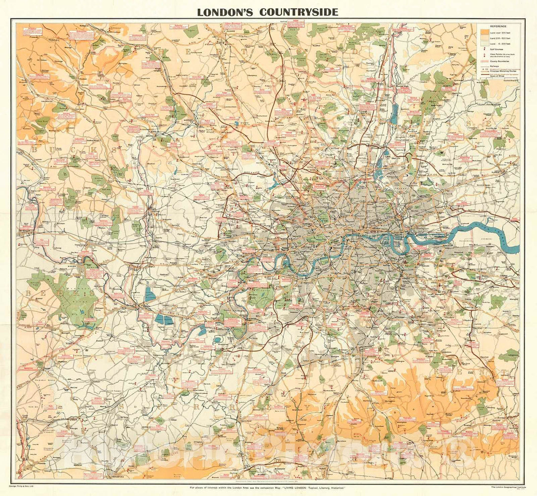 Historic Map : 1930 London's Countryside : Vintage Wall Art