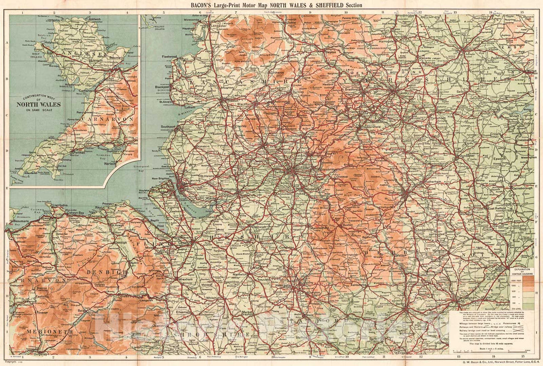 Historic Map : 1940 Bacon's Large-Print Motor Map, North Wales and Sheffield Section : Vintage Wall Art