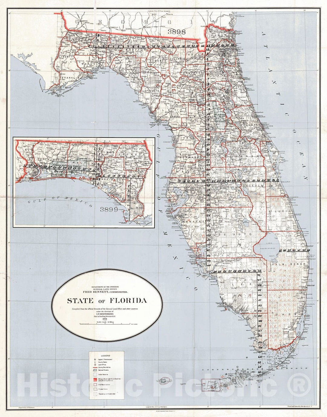 Historic Map : 1911 State of Florida : Vintage Wall Art