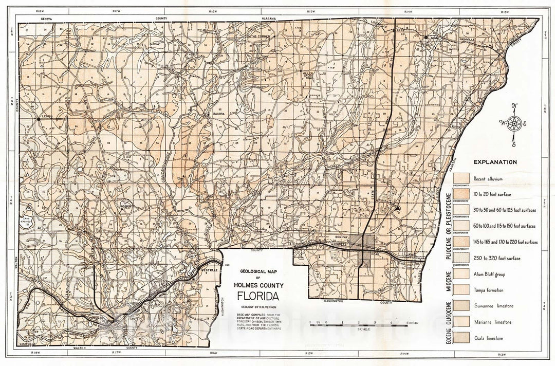 Historic Map : 1942 Geological Map of Holmes County, Florida  : Vintage Wall Art