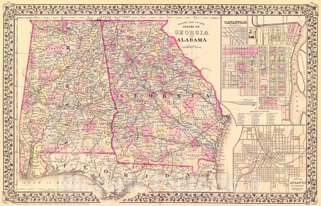 Historic Map : 1879 County Map of the States of Georgia and Alabama : Vintage Wall Art