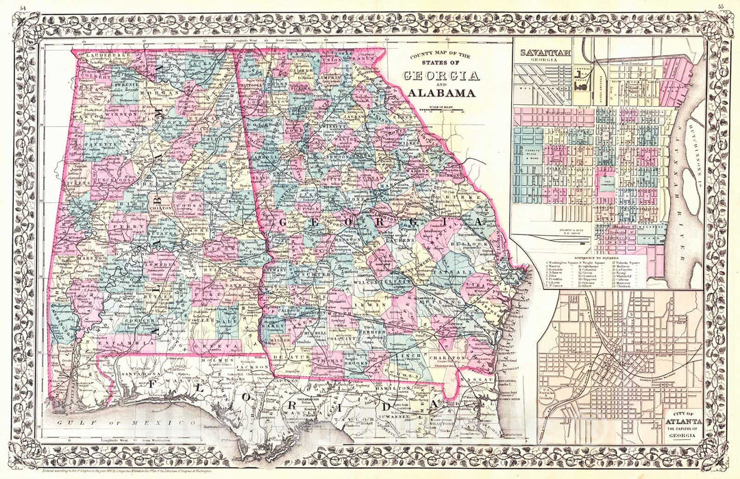 Historic Map : 1880 County Map of the States of Georgia and Alabama : Vintage Wall Art