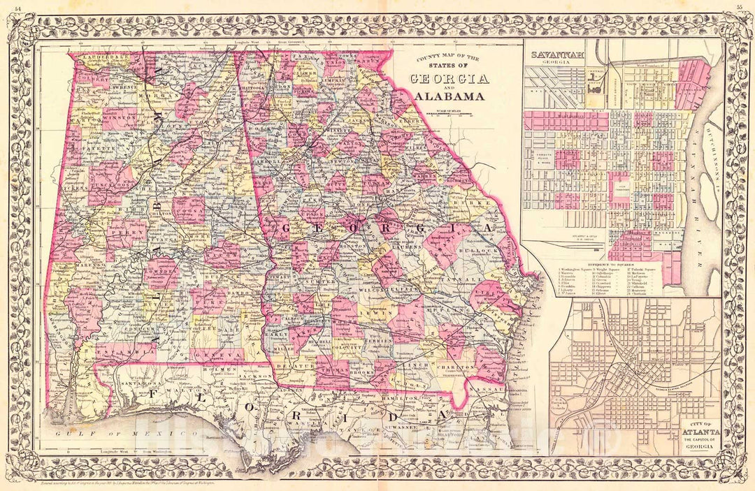 Historic Map : 1881 County Map of the States of Georgia and Alabama : Vintage Wall Art