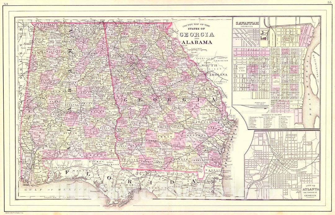 Historic Map : 1886 County Map of the States of Georgia and Alabama : Vintage Wall Art