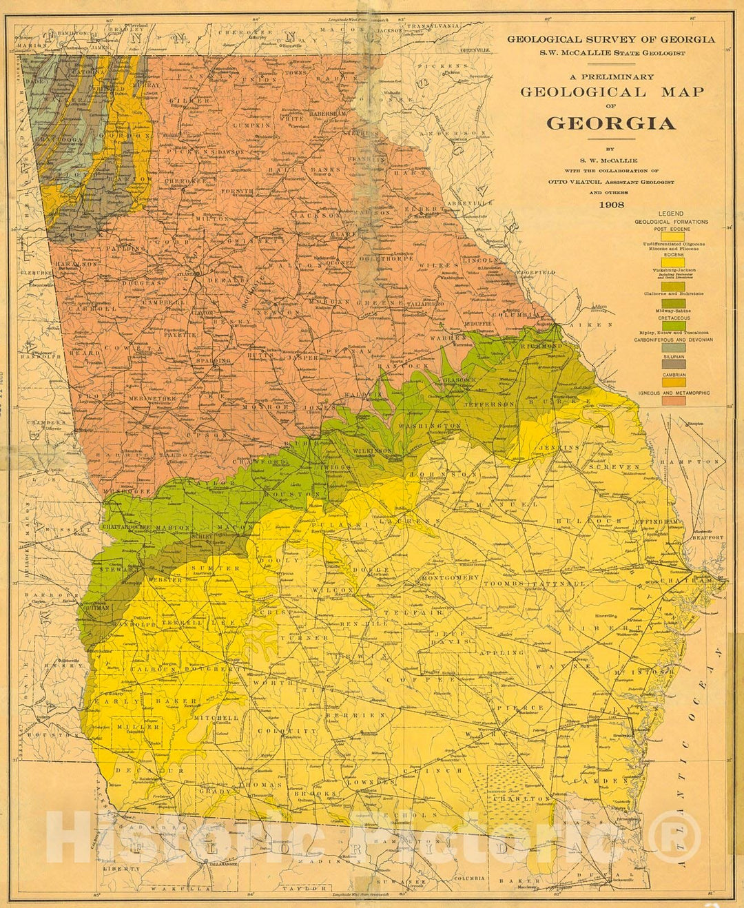 Historic Map : 1908 A Preliminary Geological Map of Georgia : Vintage Wall Art