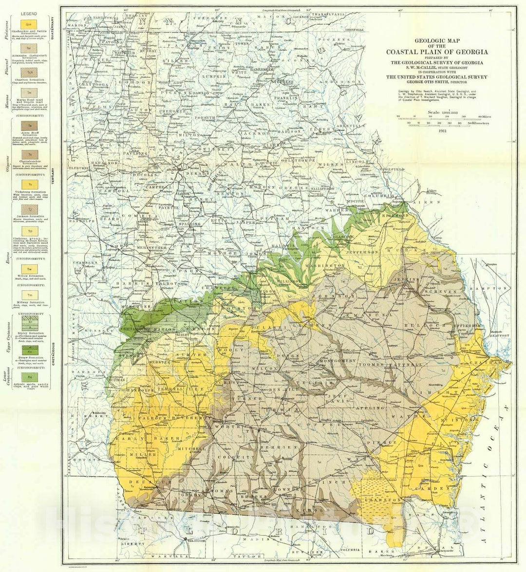 Historic Map : 1911 Geologic Map of the Coastal Plain of Georgia : Vintage Wall Art