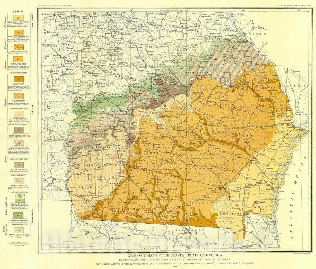 Historic Map : 1916 Geological Map of the Coastal Plain of Georgia : Vintage Wall Art