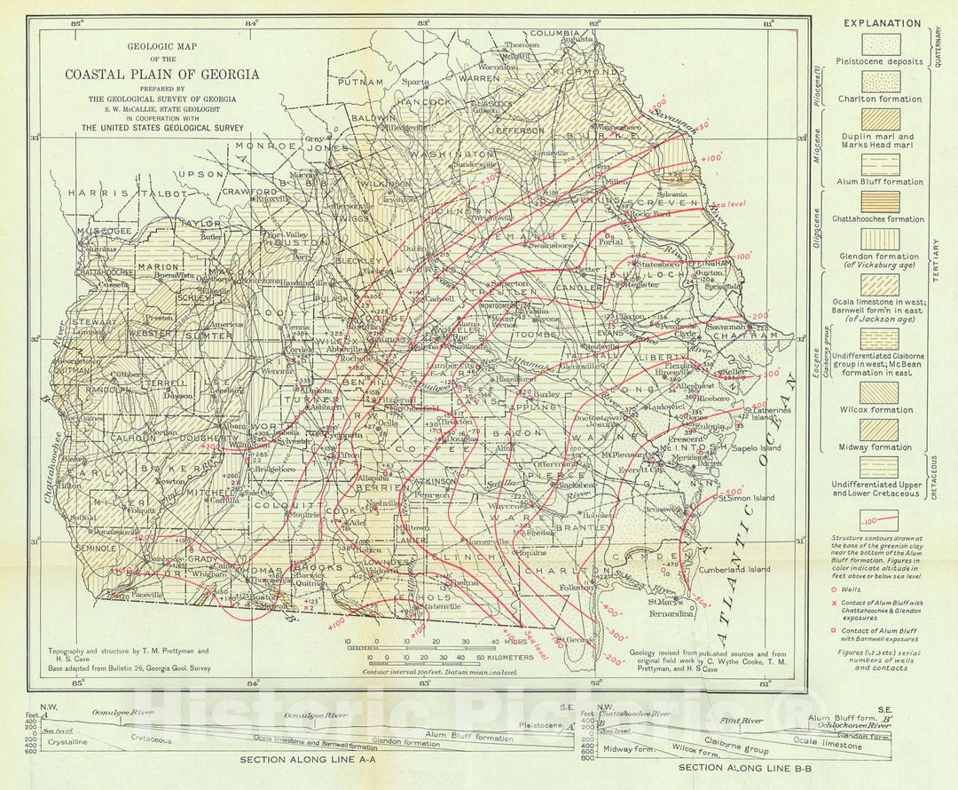 Historic Map : 1923 Geologic Map of the Coastal Plain of Georgia : Vintage Wall Art