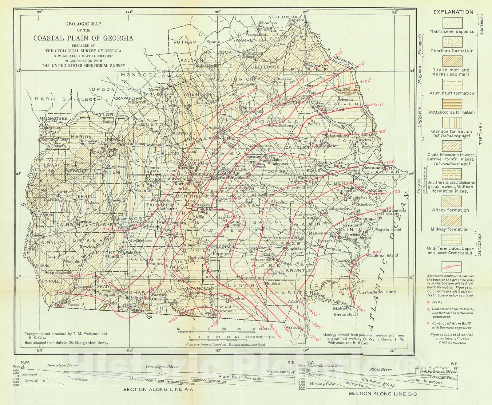 Historic Map : 1923 Geologic Map of the Coastal Plain of Georgia : Vintage Wall Art