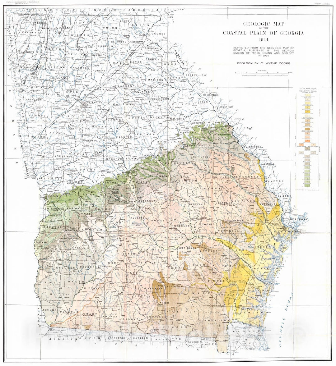 Historic Map : 1944 Geologic map of the Coastal Plain of Georgia : Vintage Wall Art