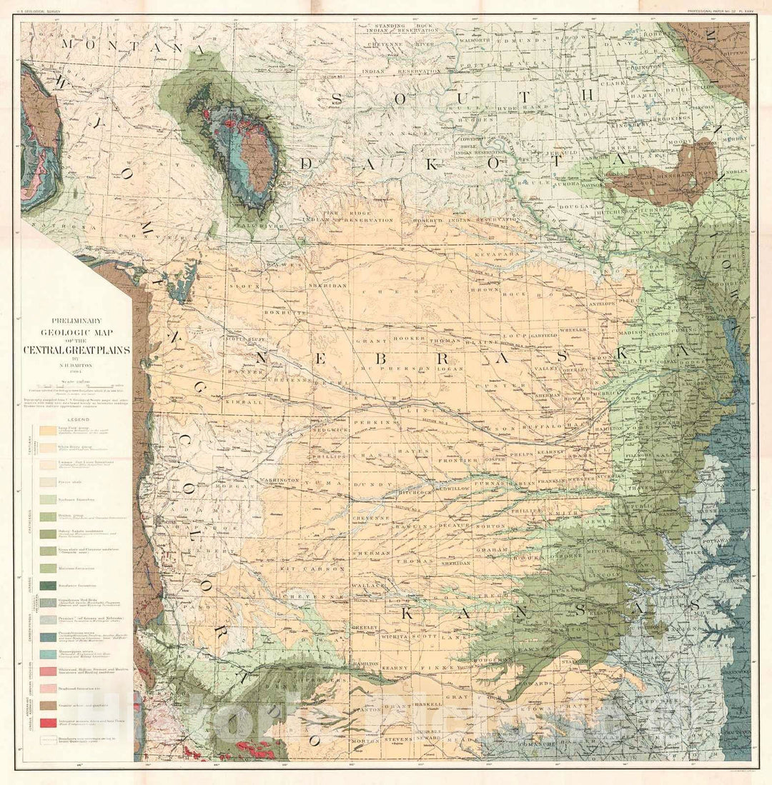 Historic Map : 1904 Preliminary Geologic Map of the Central Great Plains : Vintage Wall Art