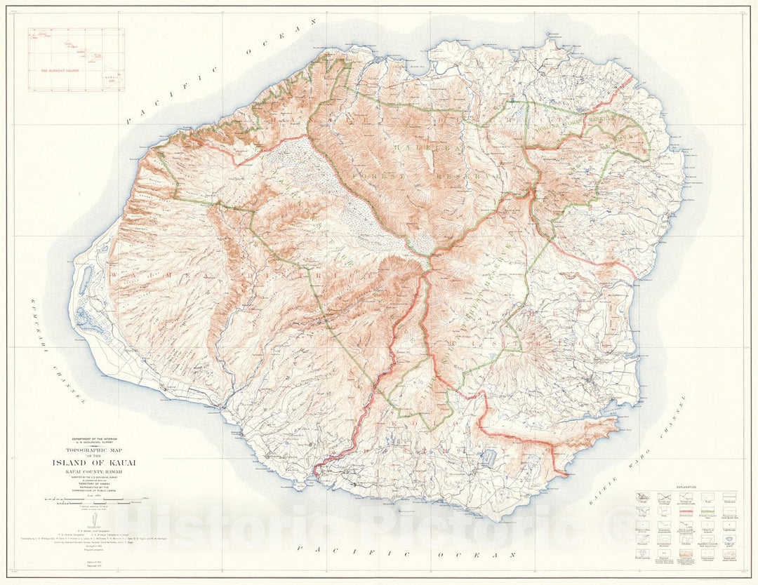 Historic Map : 1912 Topographic Map of the Island of Kauai : Vintage Wall Art