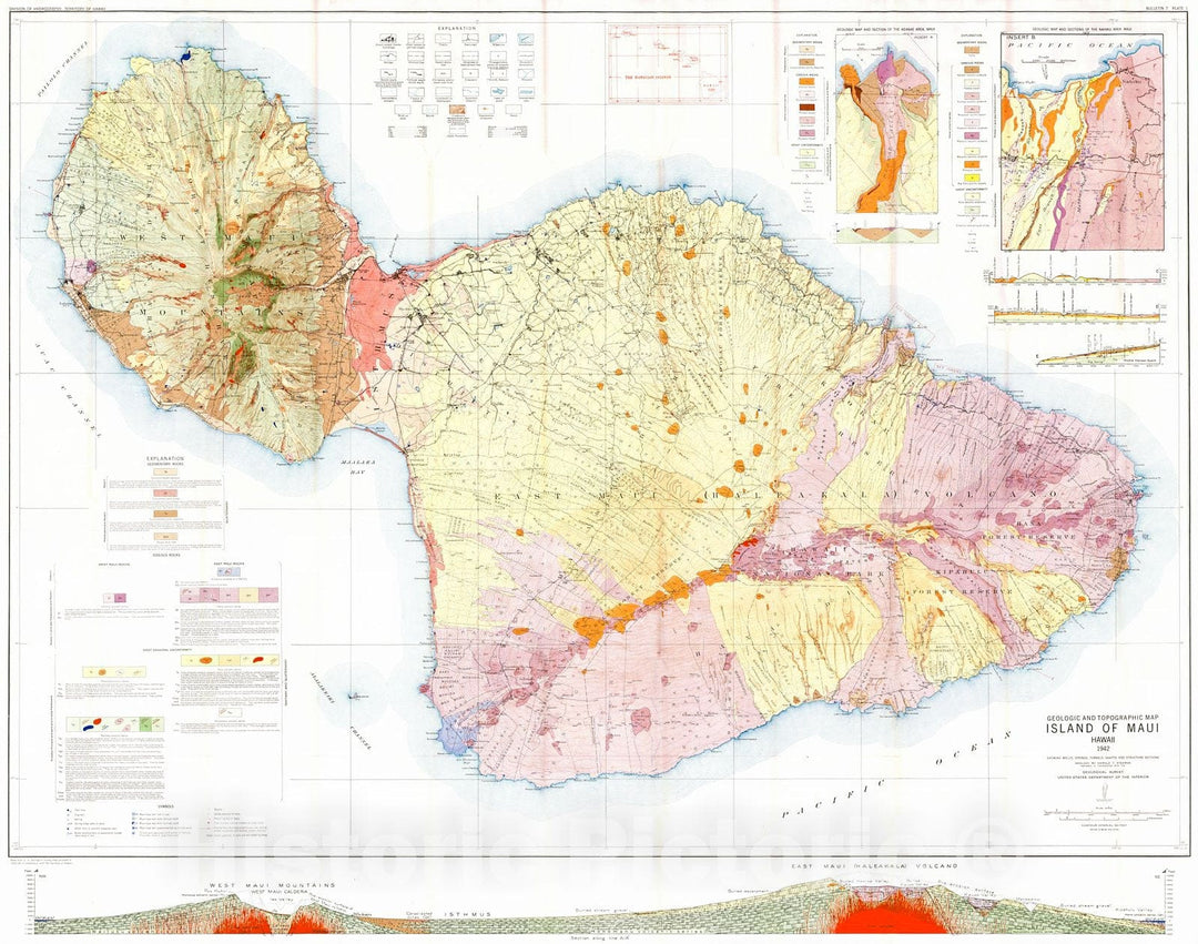 Historic Map : 1942 Geologic and Topographic Map of the Island of Maui, Hawaii : Vintage Wall Art