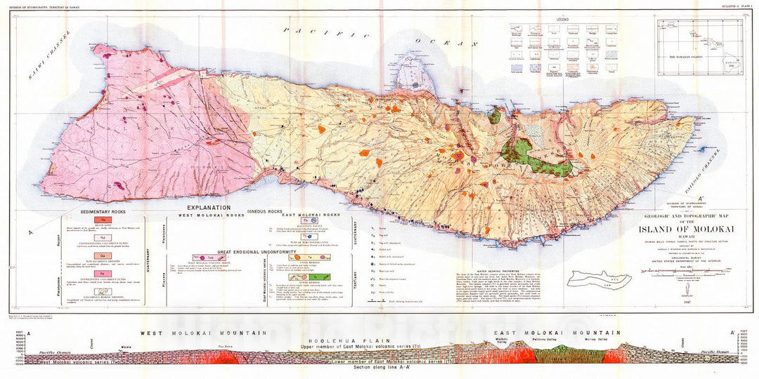 Historic Map : 1947 Geologic and Topographic Map of the Island of Oahu, Hawaii : Vintage Wall Art