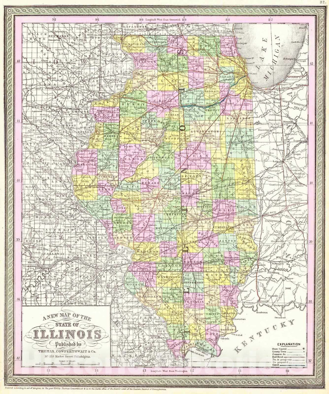 Historic Map : 1850 A New Map of the State of Illinois : Vintage Wall Art