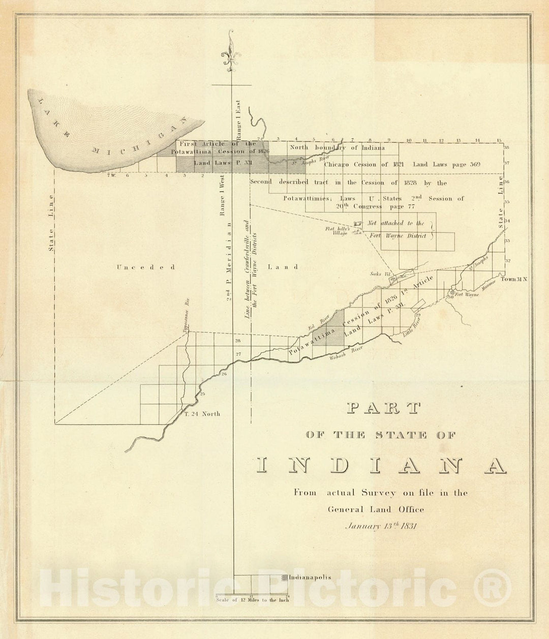 Historic Map : 1831 Part of the State of Indiana From Actual Survey on File in the General Land Office, January 13th 1831 : Vintage Wall Art