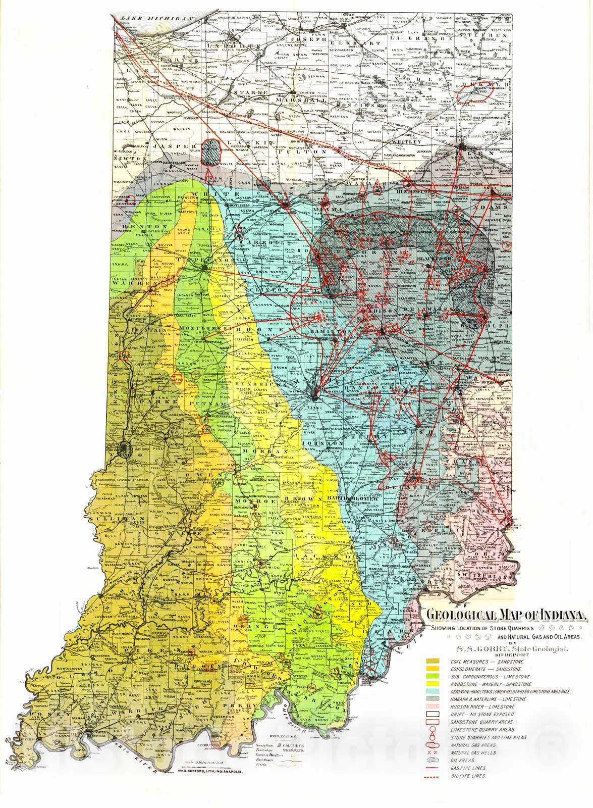 Historic Map : 1887 Geological Map of Indiana : Vintage Wall Art