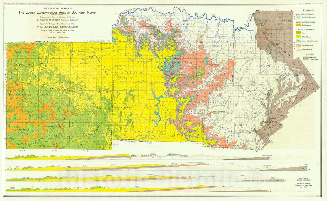 Historic Map : 1902 Geological Map od the Lower Carboniferous Area of Southern Indiana (Salem Sheet) : Vintage Wall Art