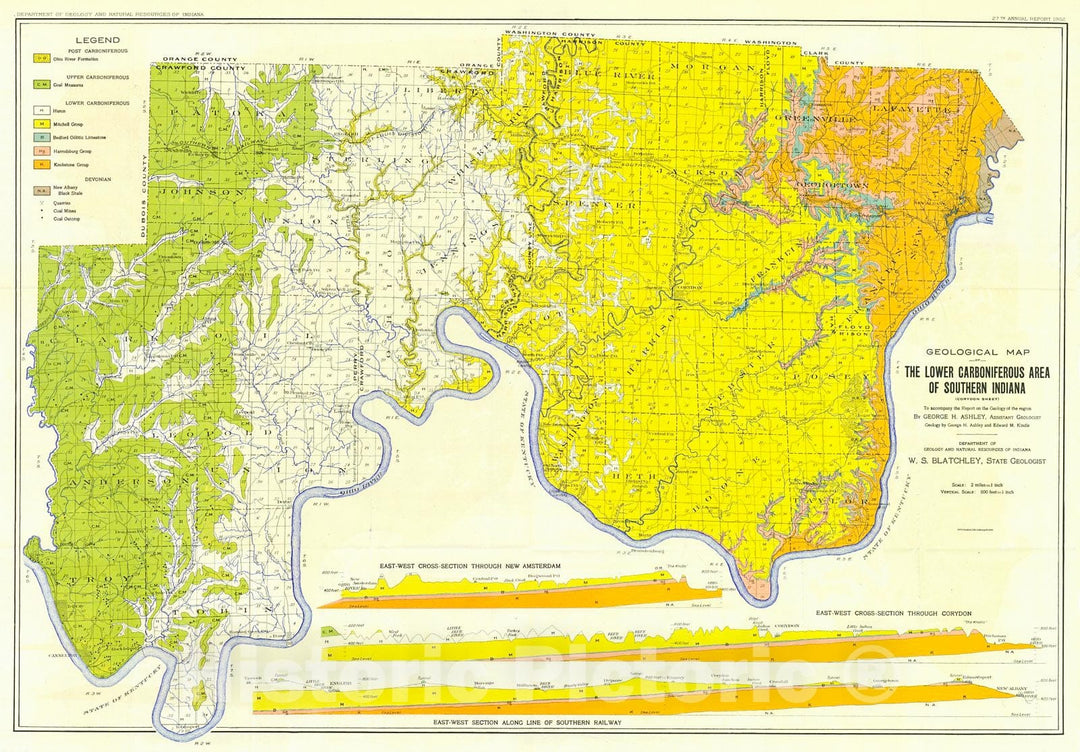 Historic Map : 1902 Geological Map od the Lower Carboniferous Area of Southern Indiana (Corydon Sheet) : Vintage Wall Art