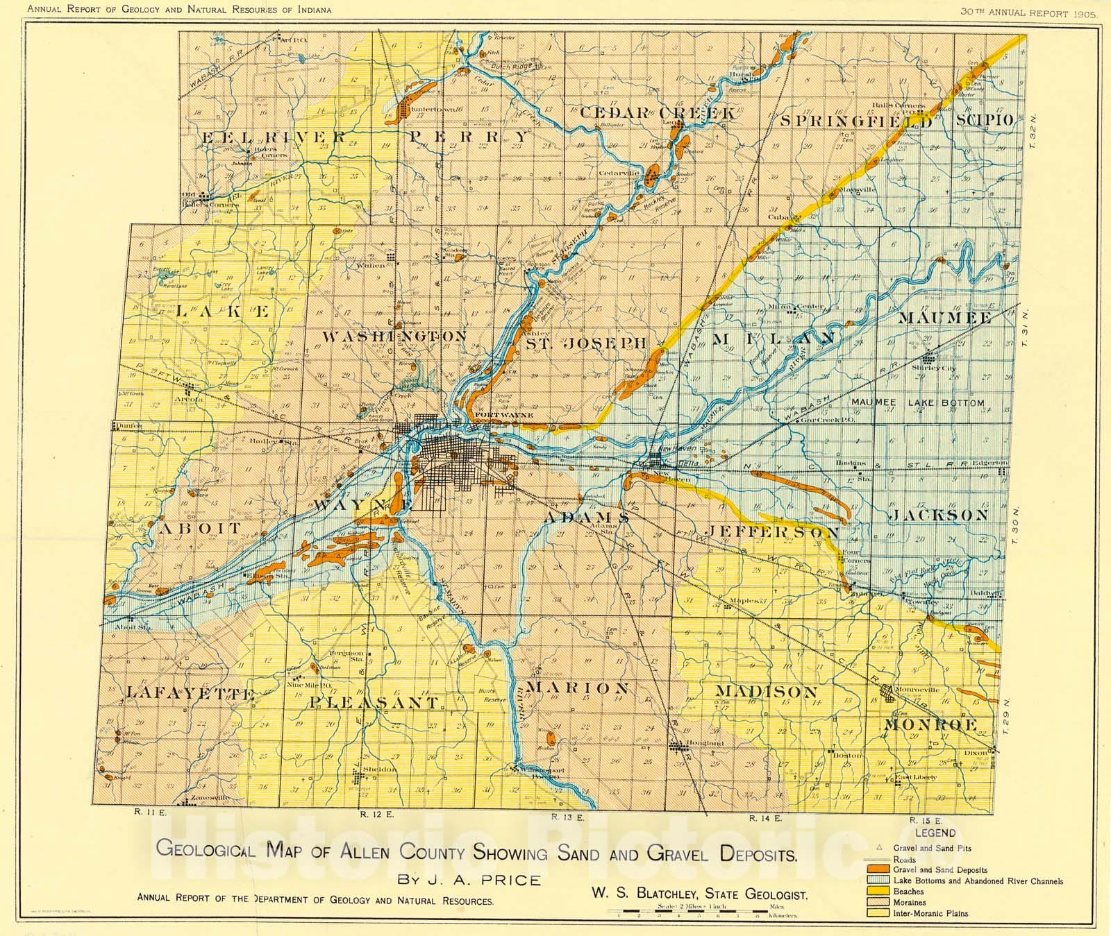 Historic Map : 1905 Geological Map of Allen County Showing Sand and Gravel Deposits : Vintage Wall Art