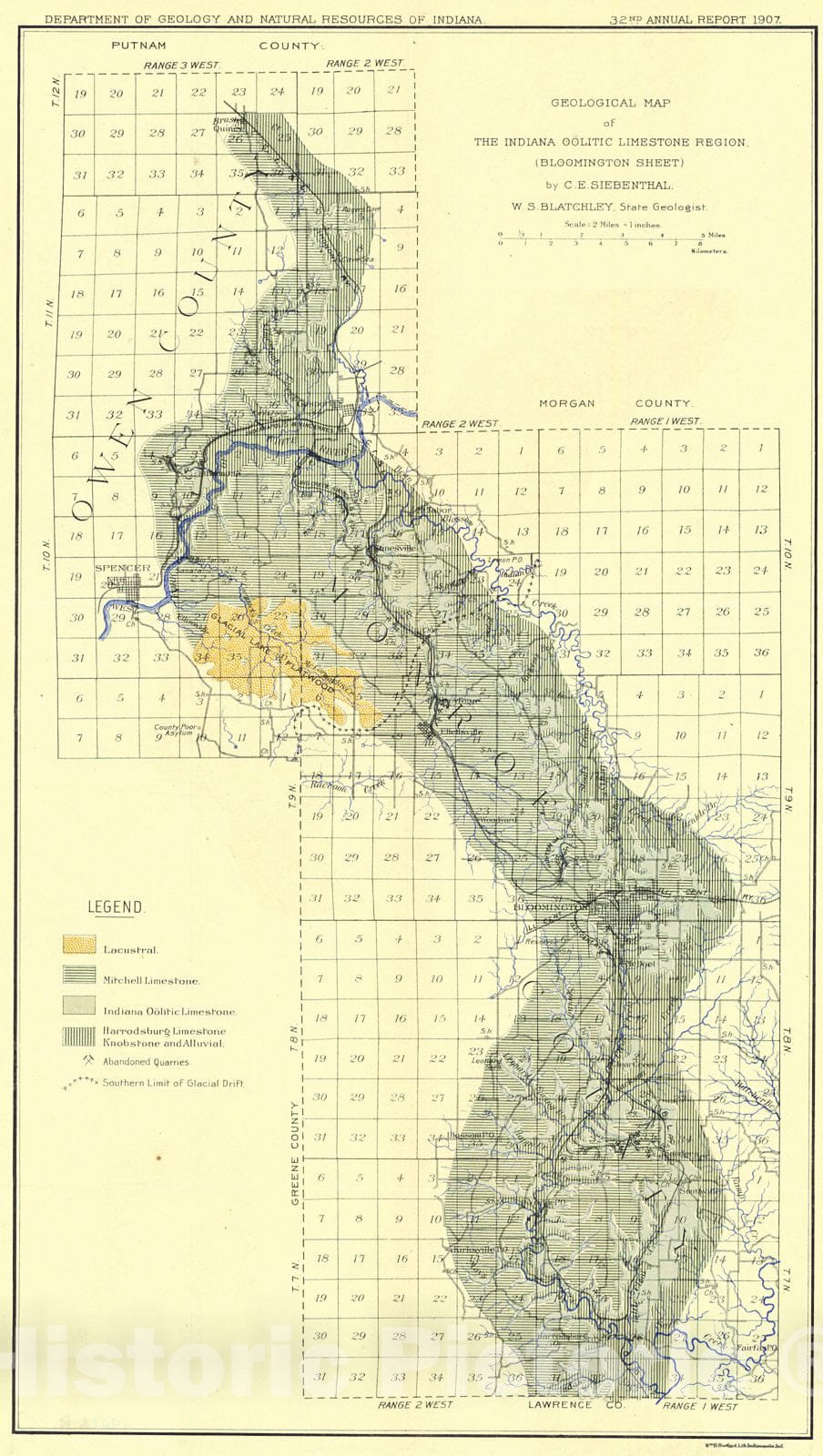 Historic Map : 1907 Geological Map of the Indiana Oolitic Limestone Region (Bloomington Sheet) : Vintage Wall Art