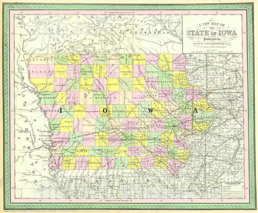 Historic Map : 1854 A New Map of the State of Iowa : Vintage Wall Art