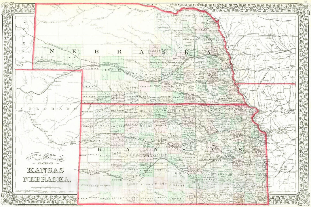 Historic Map : 1874 County and Township map of the states of Kansas and Nebraska : Vintage Wall Art