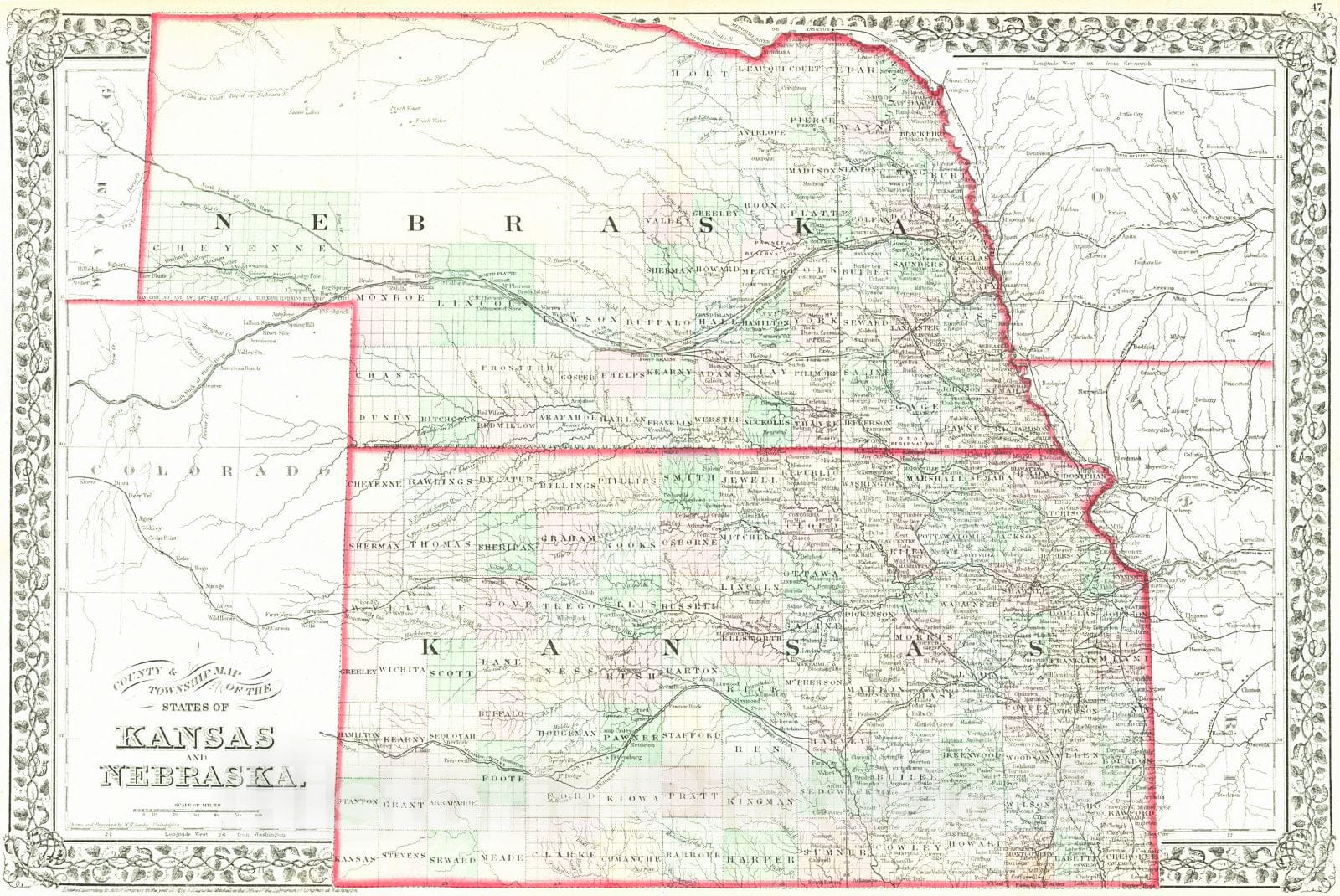 Historic Map : 1874 County and Township map of the states of Kansas and Nebraska : Vintage Wall Art