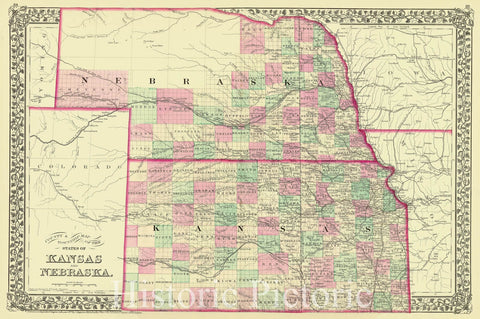 Historic Map : 1877 County & Township Map of the States of Kansas and Nebraska : Vintage Wall Art
