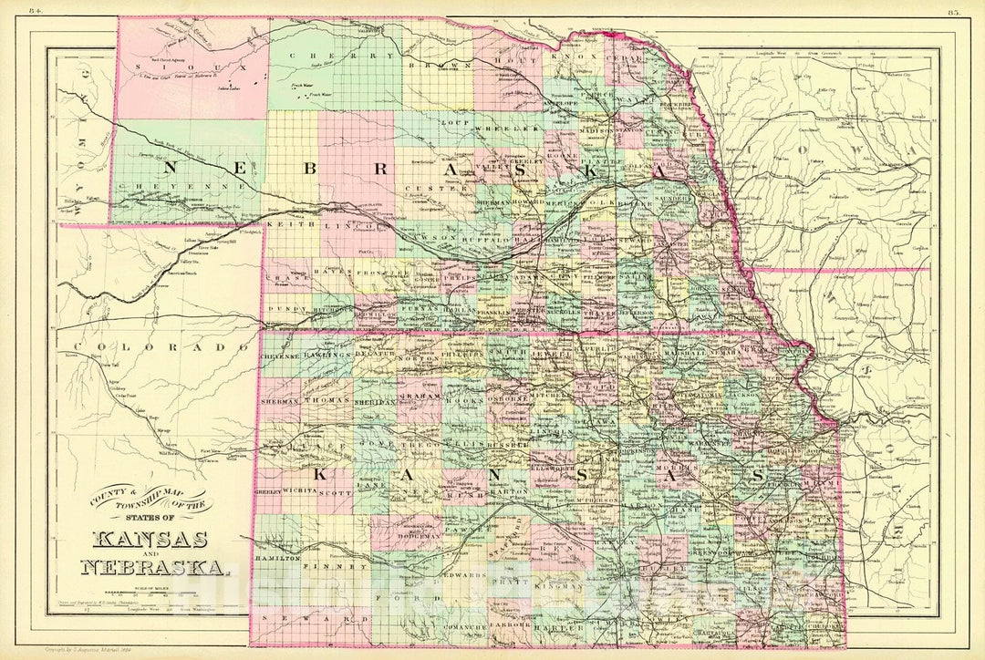 Historic Map : 1884 County & Township Map of the States of Kansas and Nebraska : Vintage Wall Art