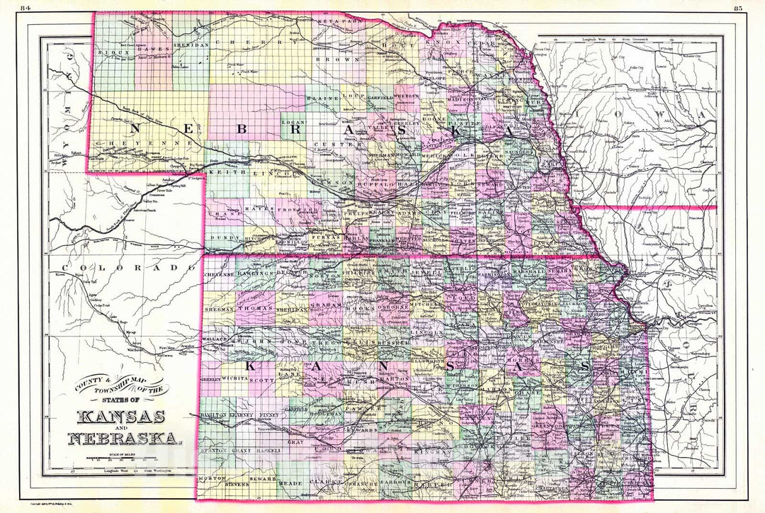 Historic Map : 1887 County Map and Township Map of the States of Kansas and Nebraska : Vintage Wall Art