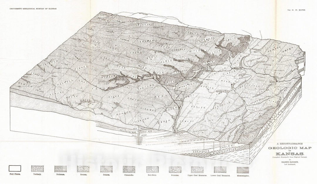 Historic Map : 1897 A Reconnaissance Geologic Map of Kansas : Vintage Wall Art