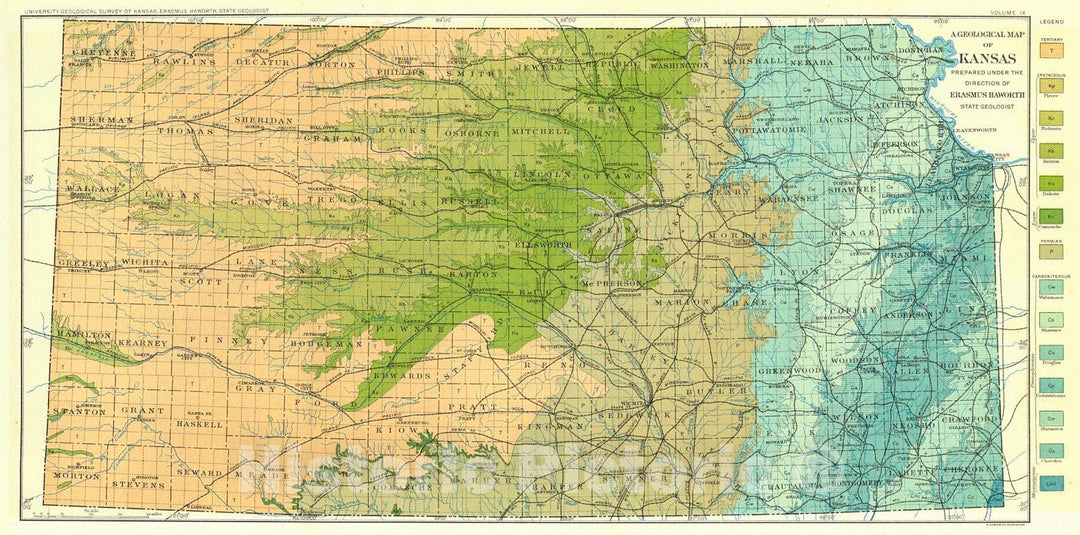 Historic Map : 1908 Geological Map of Kansas : Vintage Wall Art