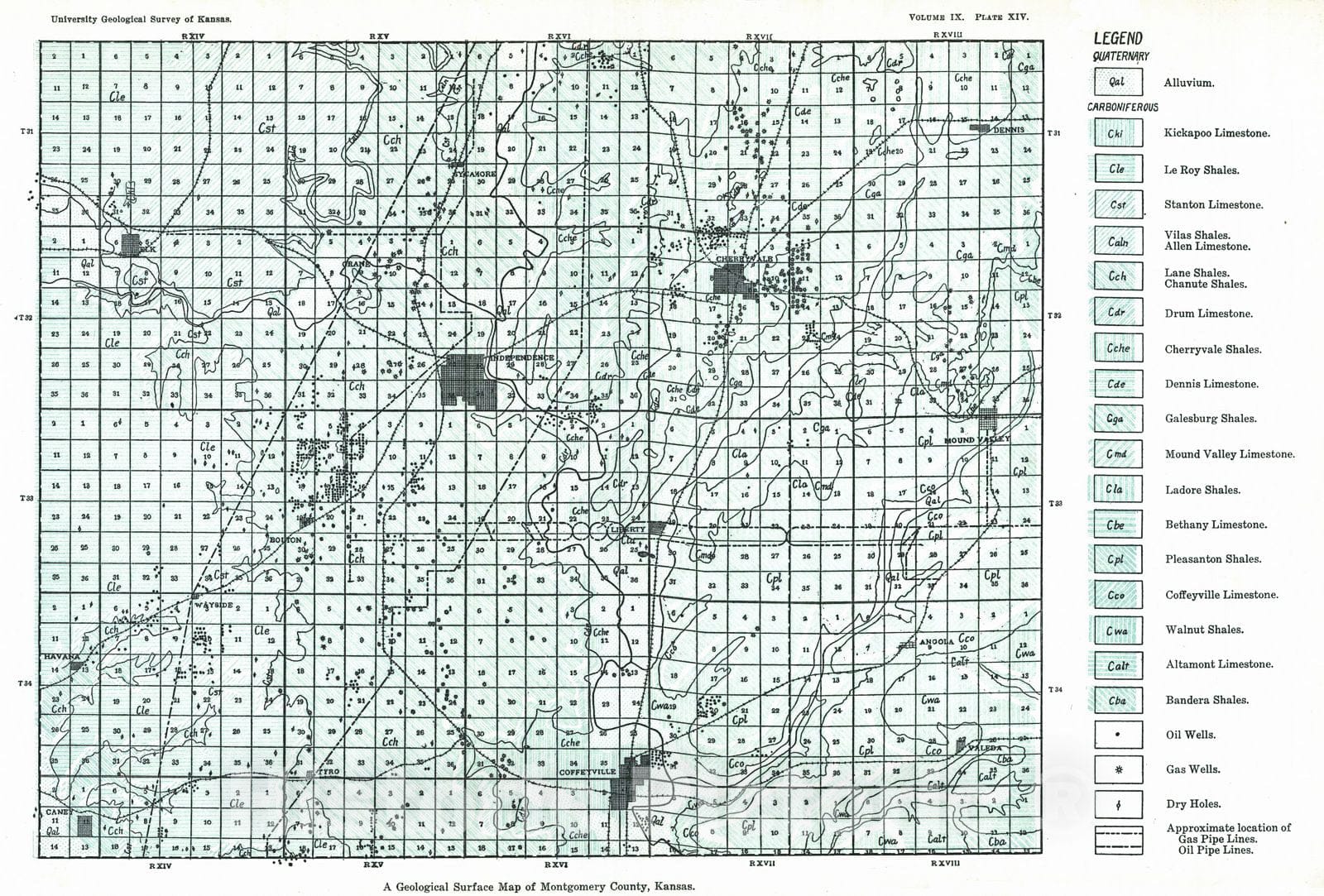 Historic Map : 1908 A Geological Surface Map of Montgomery County, Kansas : Vintage Wall Art