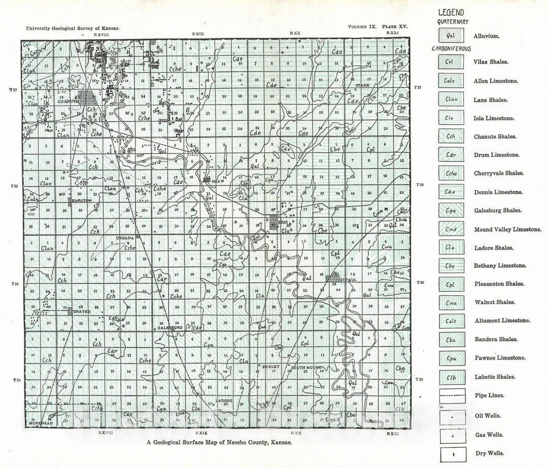 Historic Map : 1908 A Geological Surface Map of Neosho County, Kansas : Vintage Wall Art