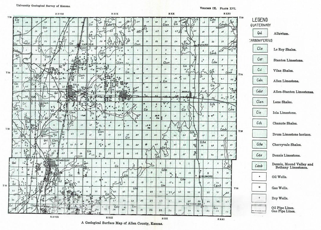 Historic Map : 1908 A Geological Surface Map of Allen County, Kansas : Vintage Wall Art