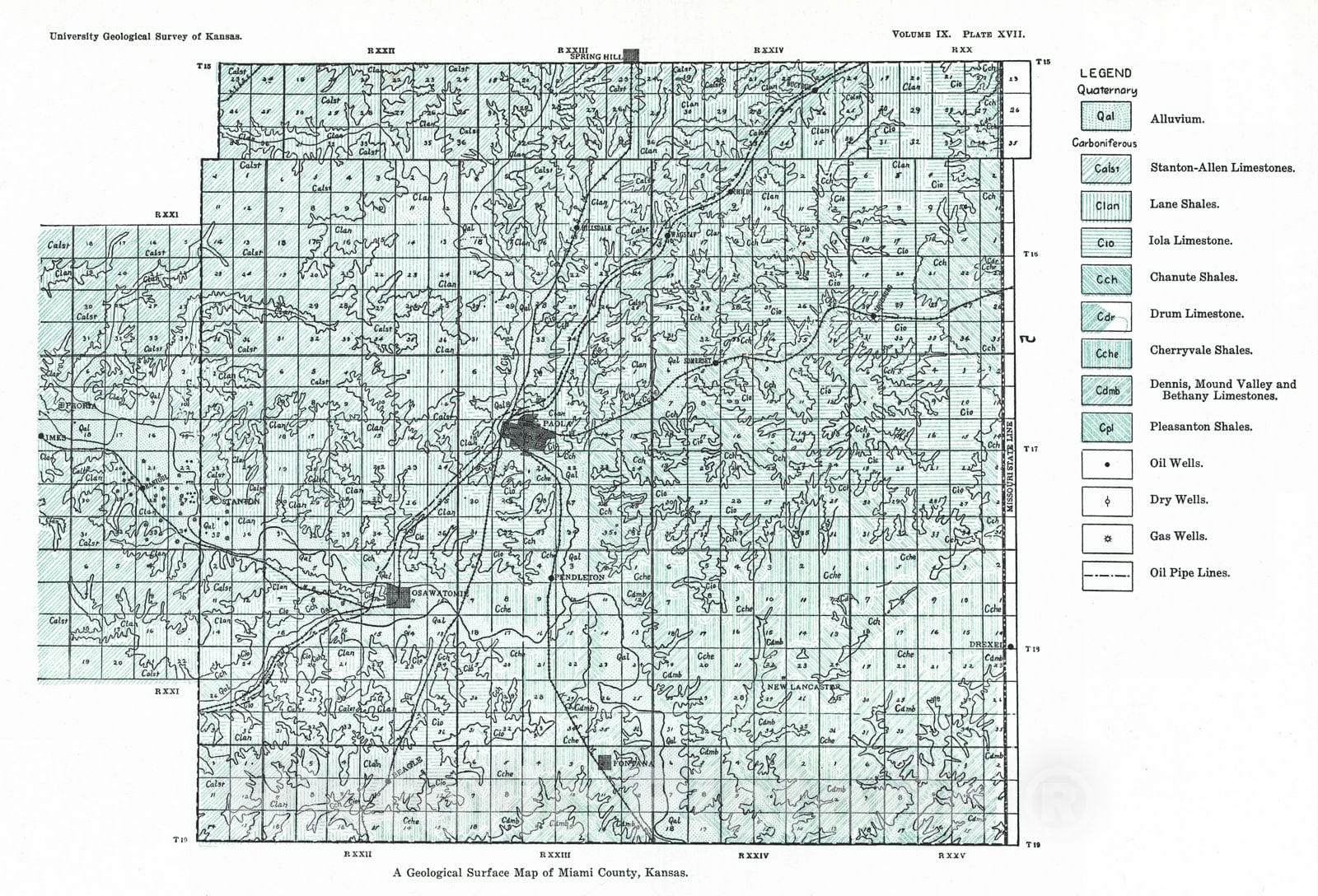 Historic Map : 1908 A Geological Surface Map of Miami County, Kansas : Vintage Wall Art